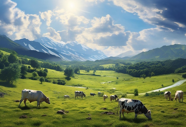 Photo of cow standing cow gazing on green meadows green field