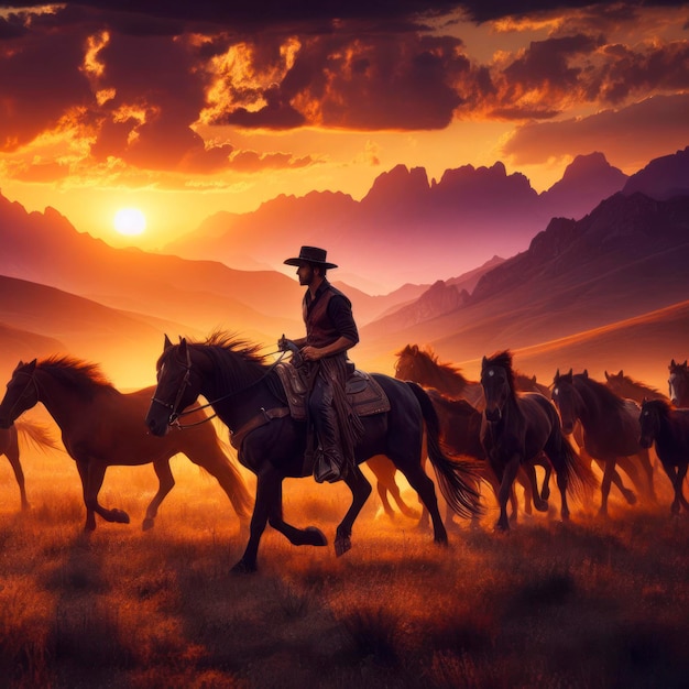 Photo of A cowboy leading a group of horses at sunset ai generative