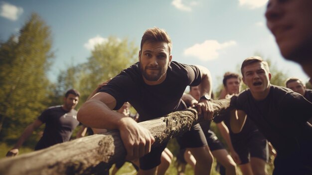 A photo of coworkers in a team building exercise outdoors