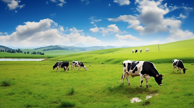 Photo of cows lying down on the grass with beautiful nature landscape