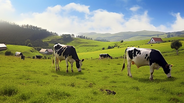 Photo of cows lying down on the grass with beautiful nature landscape