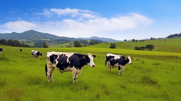 Photo of cows lying down on the grass with beautiful nature landscape