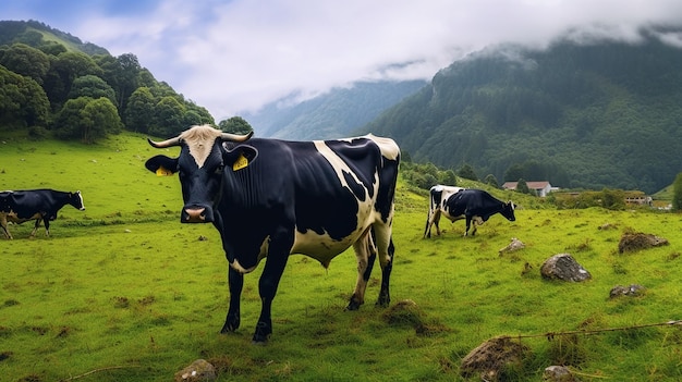 Photo of cows lying down on the grass with beautiful nature landscape