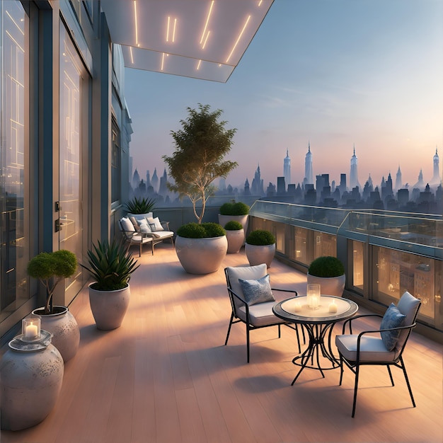 Photo of a cozy balcony with a table chairs and a vibrant potted plant