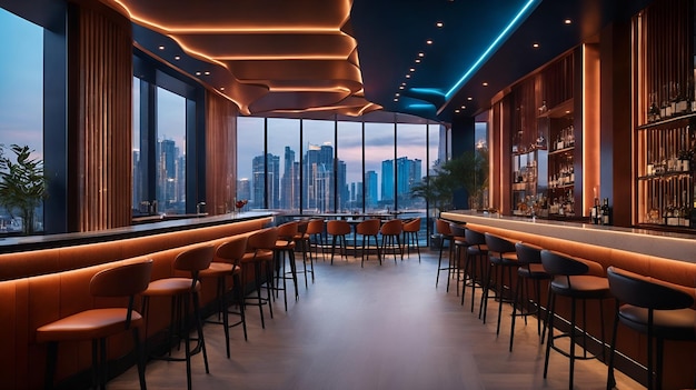 Photo of a cozy bar with a captivating cityscape view