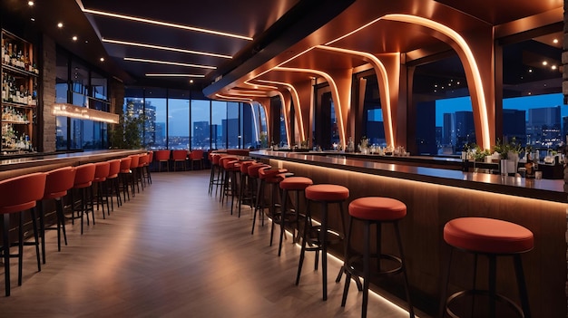 Photo of a cozy bar with a stunning cityscape view and inviting red stools