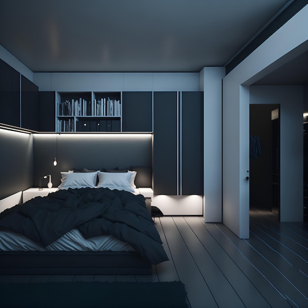 Photo of a cozy bed in a bedroom with a bookshelf beside it