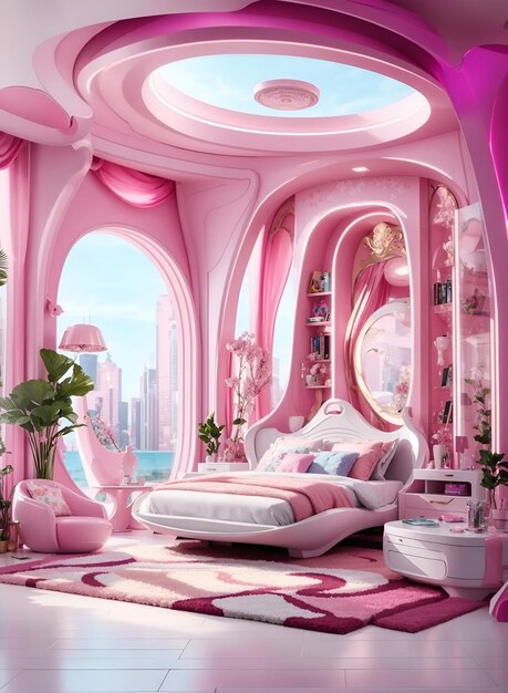 Photo of a cozy bedroom with pink walls and a spacious bed