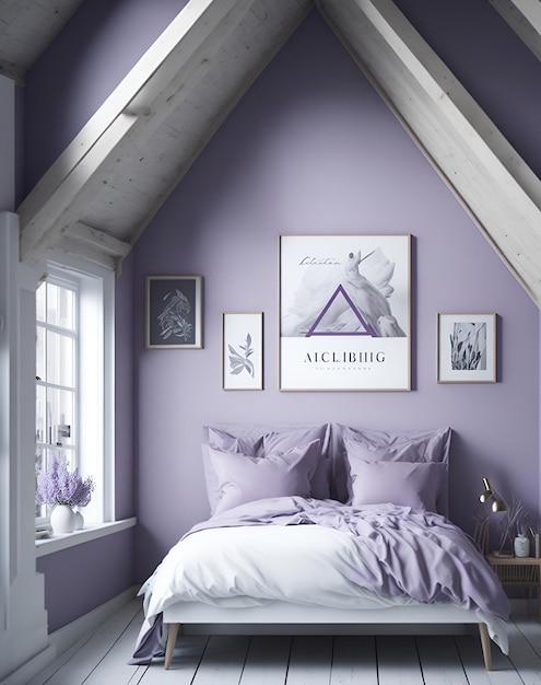 Photo of a cozy bedroom with purple walls and a comfortable white bed