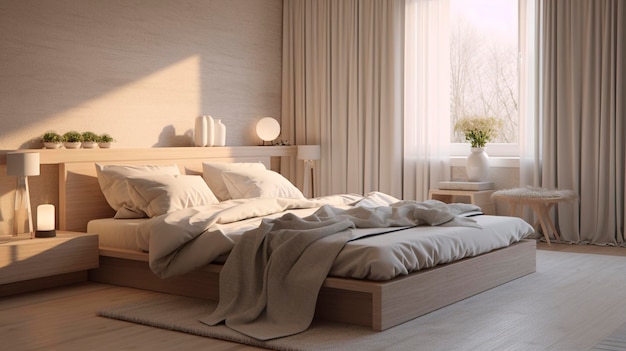 柔らかな照明と中間色のパレットを備えた居心地の良いベッドルームの写真