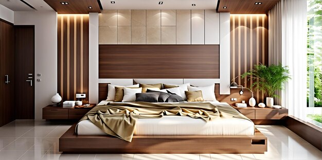 Photo of a cozy bedroom with a spacious bed and elegant wooden headboard