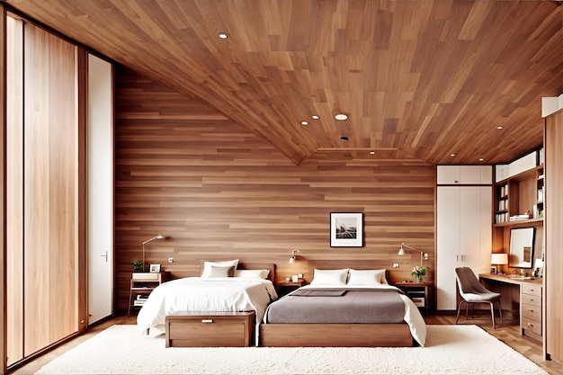 Photo of a cozy bedroom with wooden walls and a comfortable bed