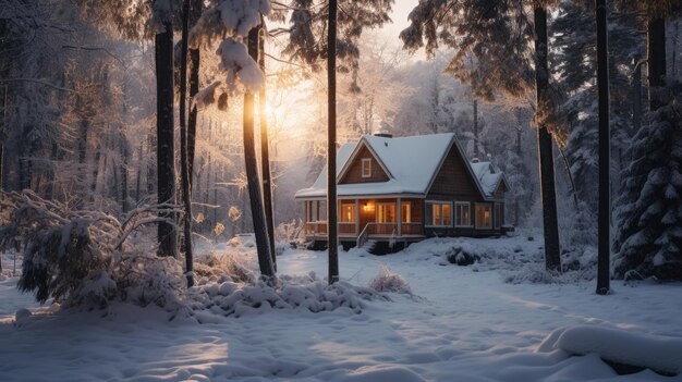 A photo of a cozy cabin in the woods snowcovered landscape