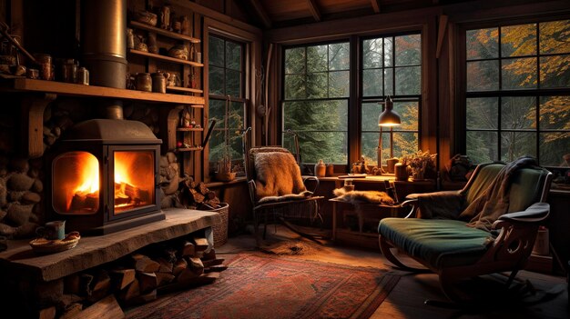 暖かい 暖炉 が ある 森 の 中 の 居心地 の 良い 小屋 の 写真