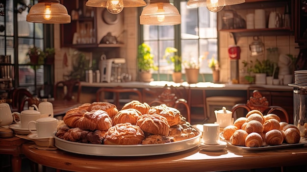 A photo of a cozy cafe with a display of freshly baked pastries warm ambient light