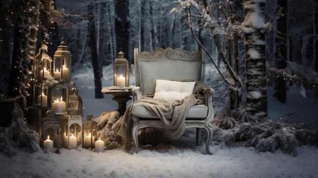 A photo of a cozy Christmas armchair surrounded by plush stockings