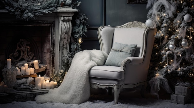 A photo of a cozy Christmas armchair surrounded by plush stockings