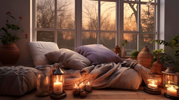 A photo of a cozy corner with meditation cushions