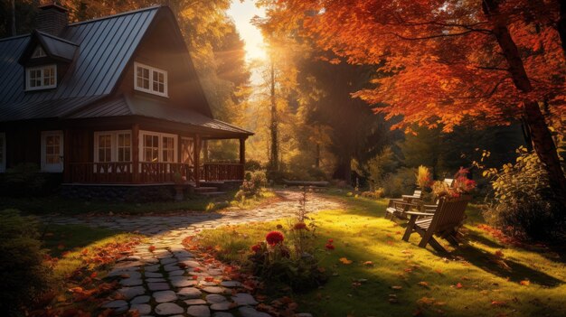 Photo a photo of a cozy cottage nestled in a colorful autumn forest warm sunlight