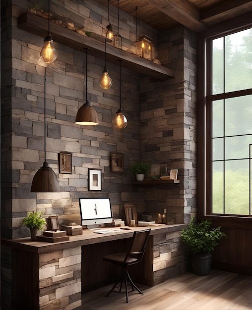 Photo of a cozy home office with a rustic stone wall and warm wooden floors