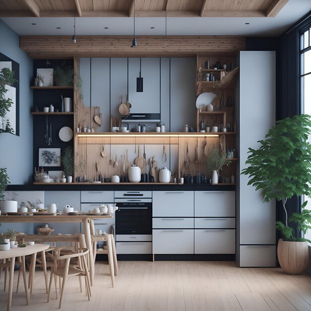 Photo of a cozy kitchen with a wooden table chairs and a vibrant plant adding life to the space