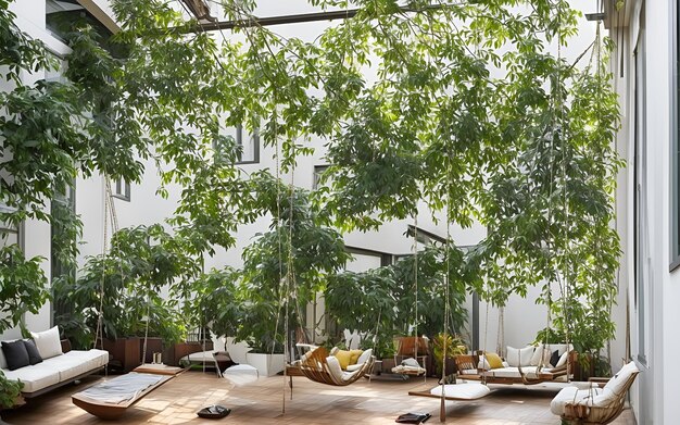Фото уютной гостиной, наполненной пышной зеленью и природными элементами