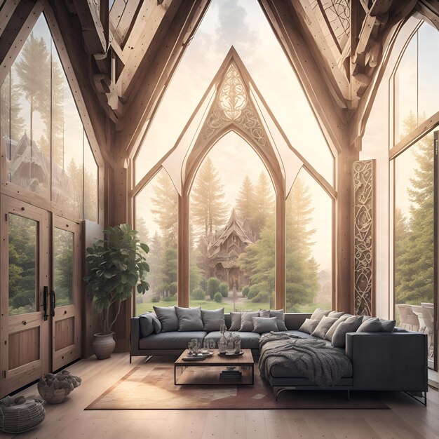 Photo of a cozy living room with a comfortable couch and a panoramic window AI