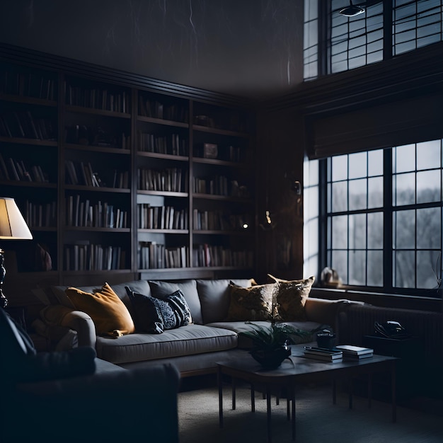 Photo of a cozy living room with comfortable furniture and a stylish bookshelf