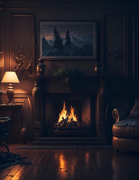 Photo of a cozy living room with a fireplace and a comfortable chair