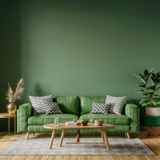 緑色のソファと植物が生み出される快適なリビングルーム