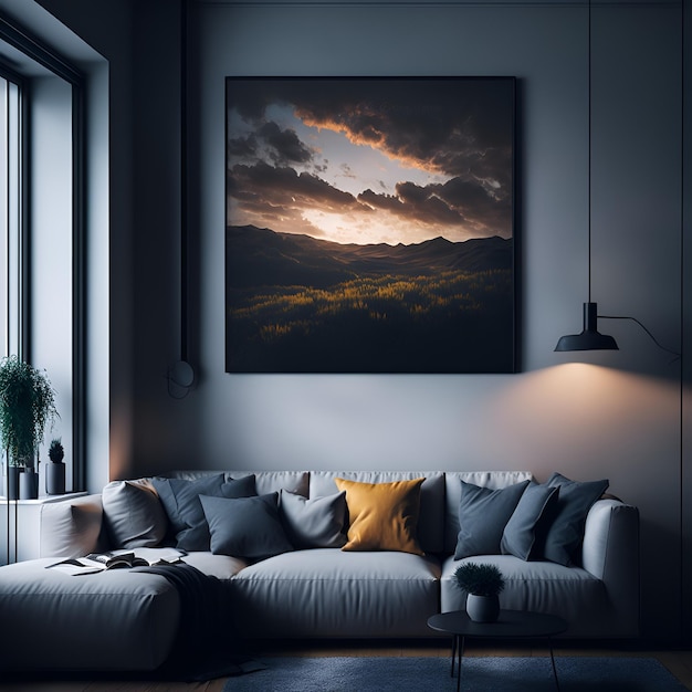 Photo of a cozy living room with a modern couch and an abstract painting as the focal point