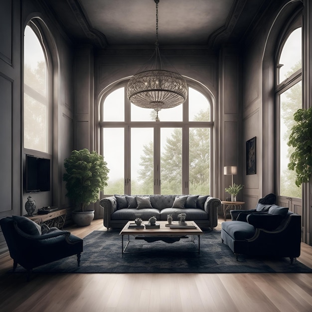 Photo of a cozy living room with natural light shining through a large window AI