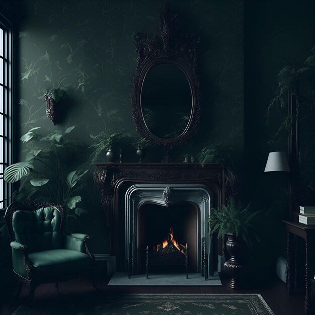 Photo of a cozy living room with a warm fireplace and comfortable armchair