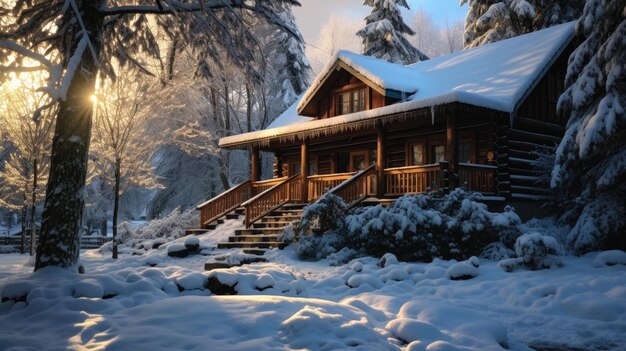 A photo of a cozy log cabin in the snow dappled sunlight