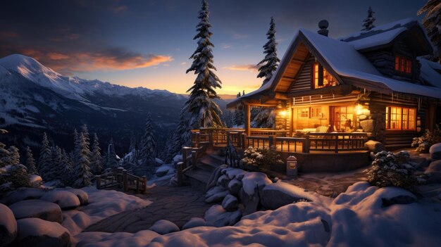 Photo a photo of a cozy mountain cabin surrounded by snow