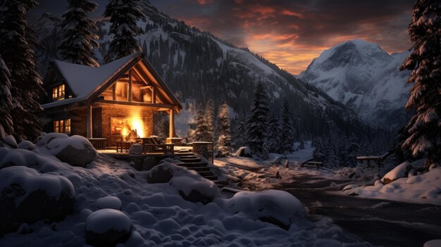 Photo a photo of a cozy mountain cabin surrounded by snow