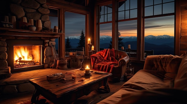 Photo a photo of a cozy mountain cabin warm firelight