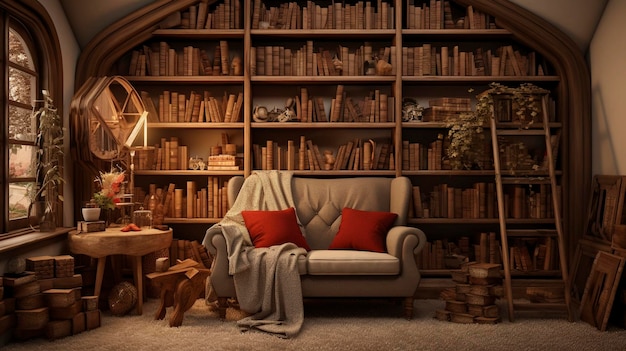 photo of a cozy reading corner with builtin bookshelves