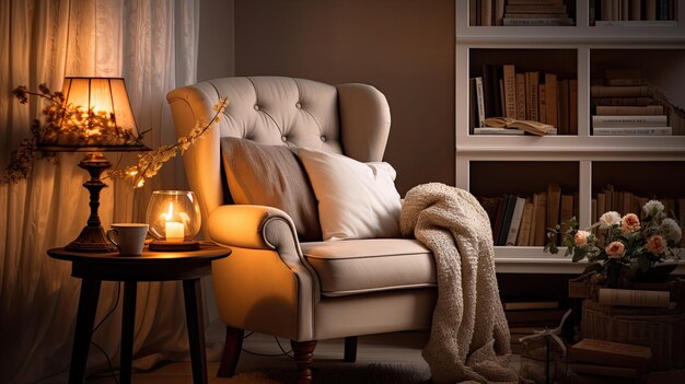 A photo of a cozy reading nook with a comfortable armchair soft lamplight