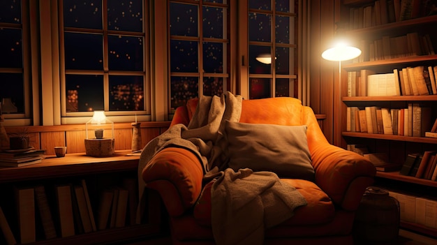 A photo of a cozy reading nook with warm lamplight soft browns and oranges