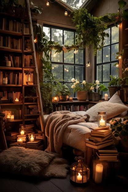 A photo of a cozy room with lit candles and plants conveying a sense of calm and tranquility books