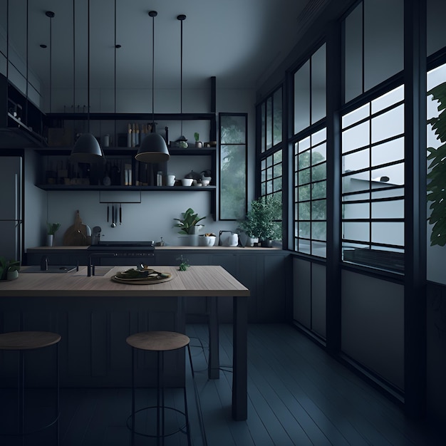 Photo of a cozy and rustic kitchen with wooden furniture and warm lighting