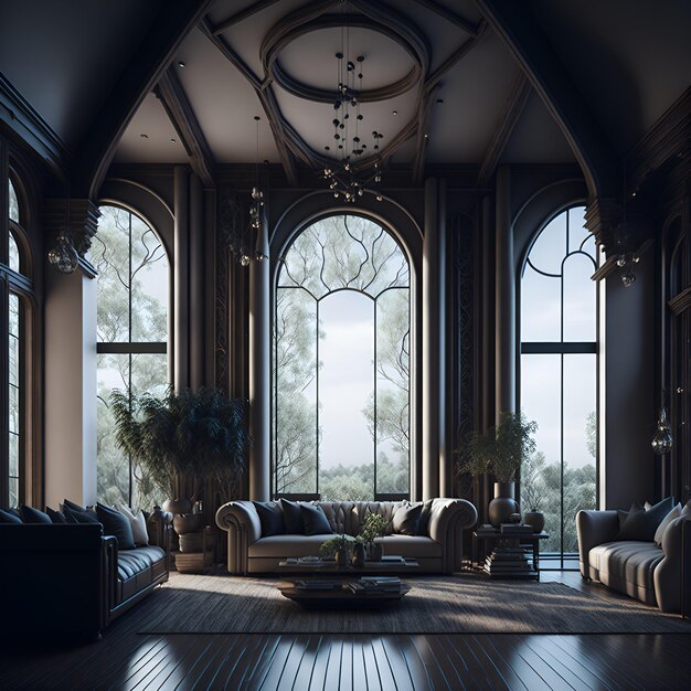 Photo of a cozy and spacious living room with natural light pouring in through the large windows AI