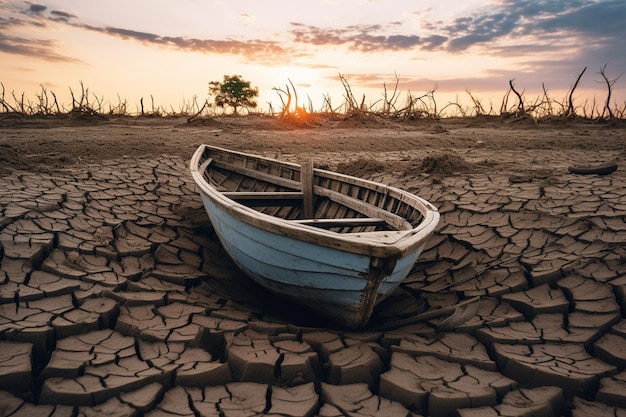 Foto foto suolo rotto dalla siccità e barca di legno a terra