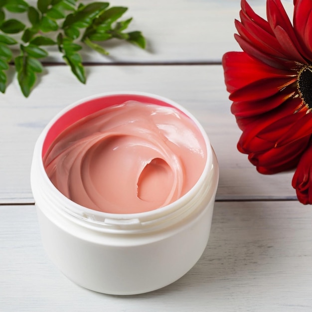 Photo cream cosmetics for face and body red cream and flower in a white jar on a white wooden table