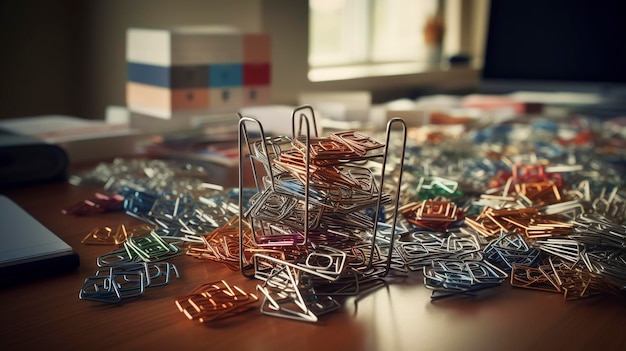 A photo of a creative arrangement of paper clips on a desk