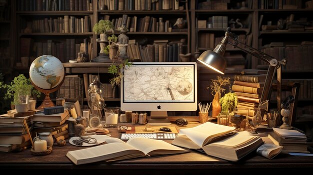 A photo of a creative and artistic desk arrangement