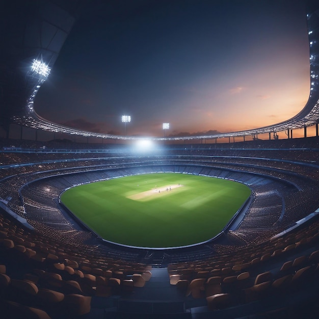 photo cricket stadium night with sport light background generative by AI