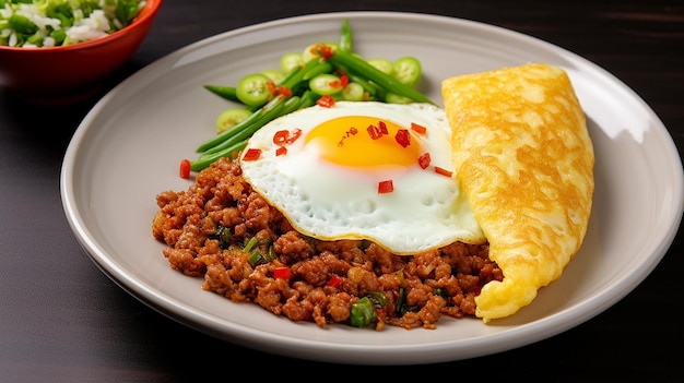 Photo of Crispy omelet on topped with minced pork beef and mixed vegetables rice