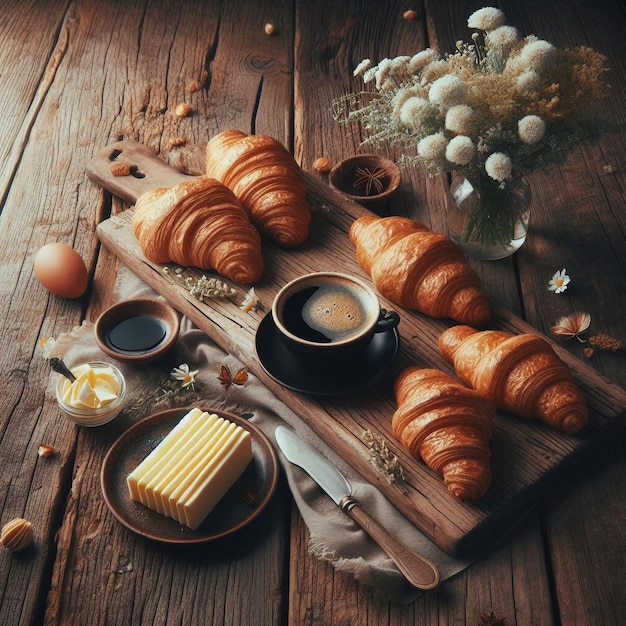 Foto croissant di foto su un vecchio tavolo di legno